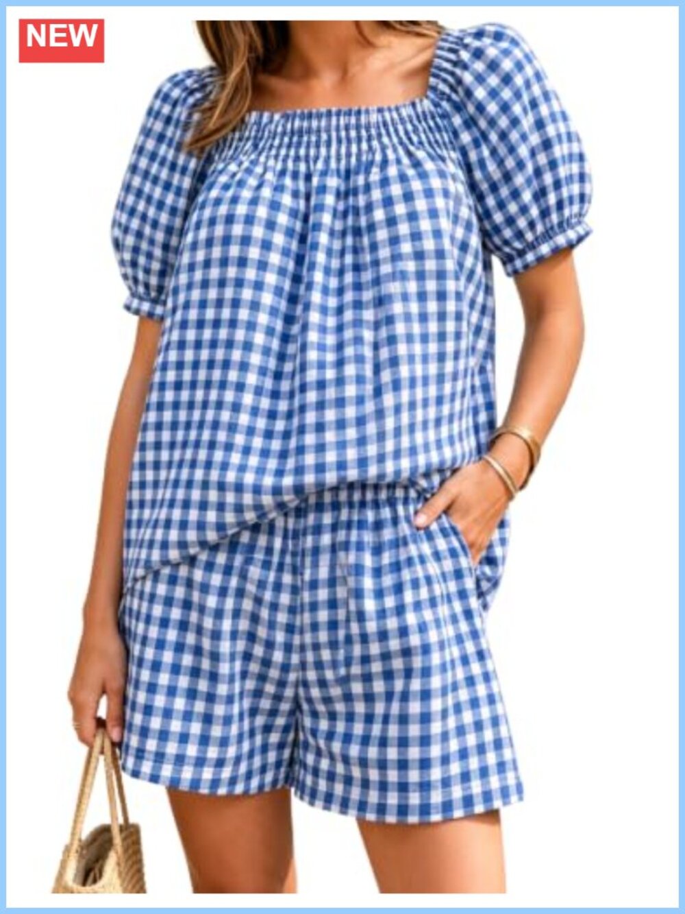 Women's Plaid 2 Piece Short Set Cotton Puff Sleeve Smocked Babydoll Lounge